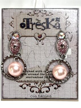 NWT Treska Crystal Faux Pink Pearl Dangling Earrings NOS